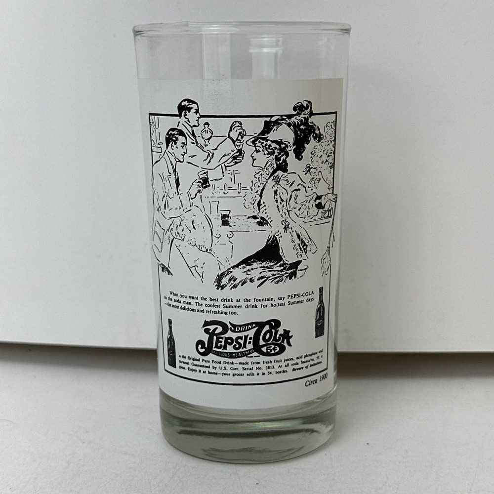 Vintage 1979 Pepsi Cola 5.5" Glass Cup Circa 1900 Newspaper Print Ad Design
